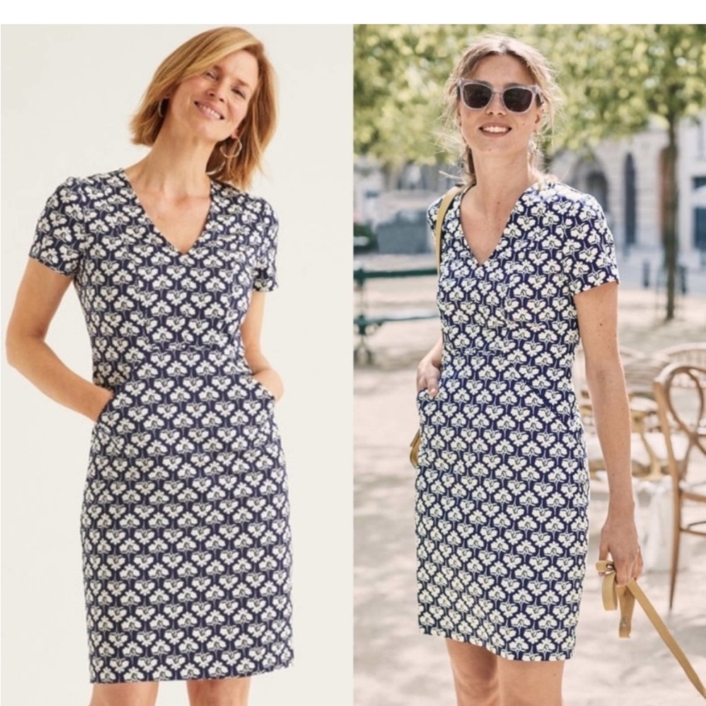 Boden Dana French Navy Blue White Poppy Floral Chino V Neck Shift Dress 2P NWOT
